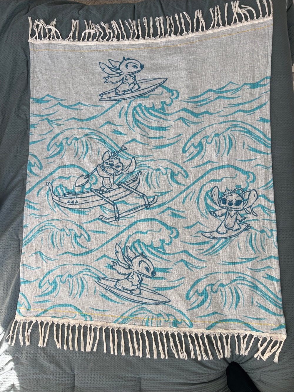 Disney Surf Stitch Print Fringe Throw Blanket in Teal and Cream